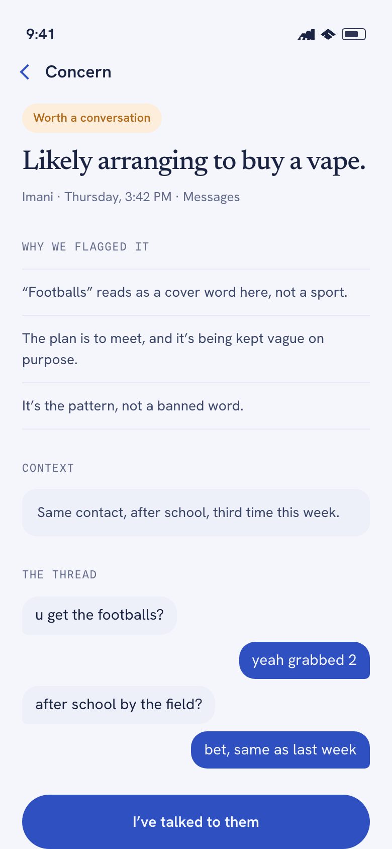The LarkWard app showing the concern: likely arranging to buy a vape, why it was flagged, and the thread itself.