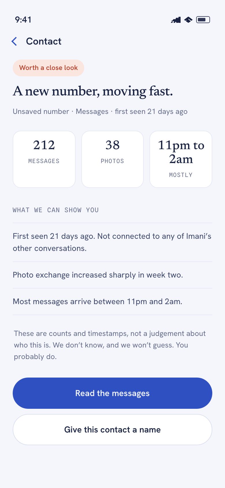 The LarkWard app showing an unsaved number: message and photo counts, the hours involved, and how long it has been in contact.