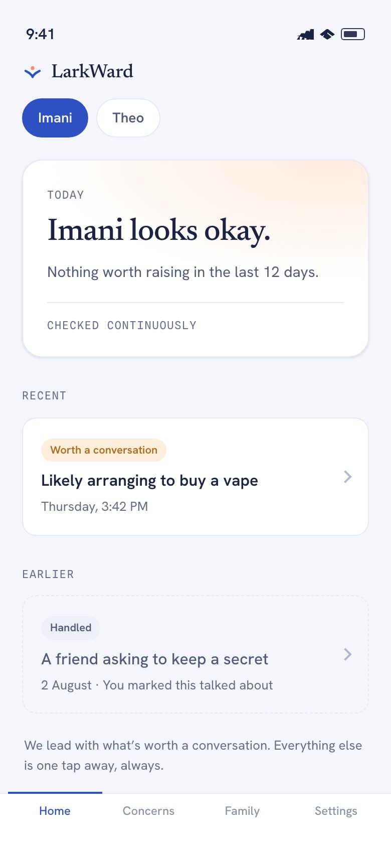 The LarkWard parent app in its calm state: Imani looks okay, nothing worth raising in the last 12 days.