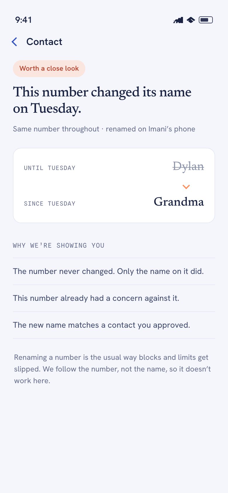 The LarkWard app showing that a number kept the same handle but was renamed from Dylan to Grandma on Tuesday.