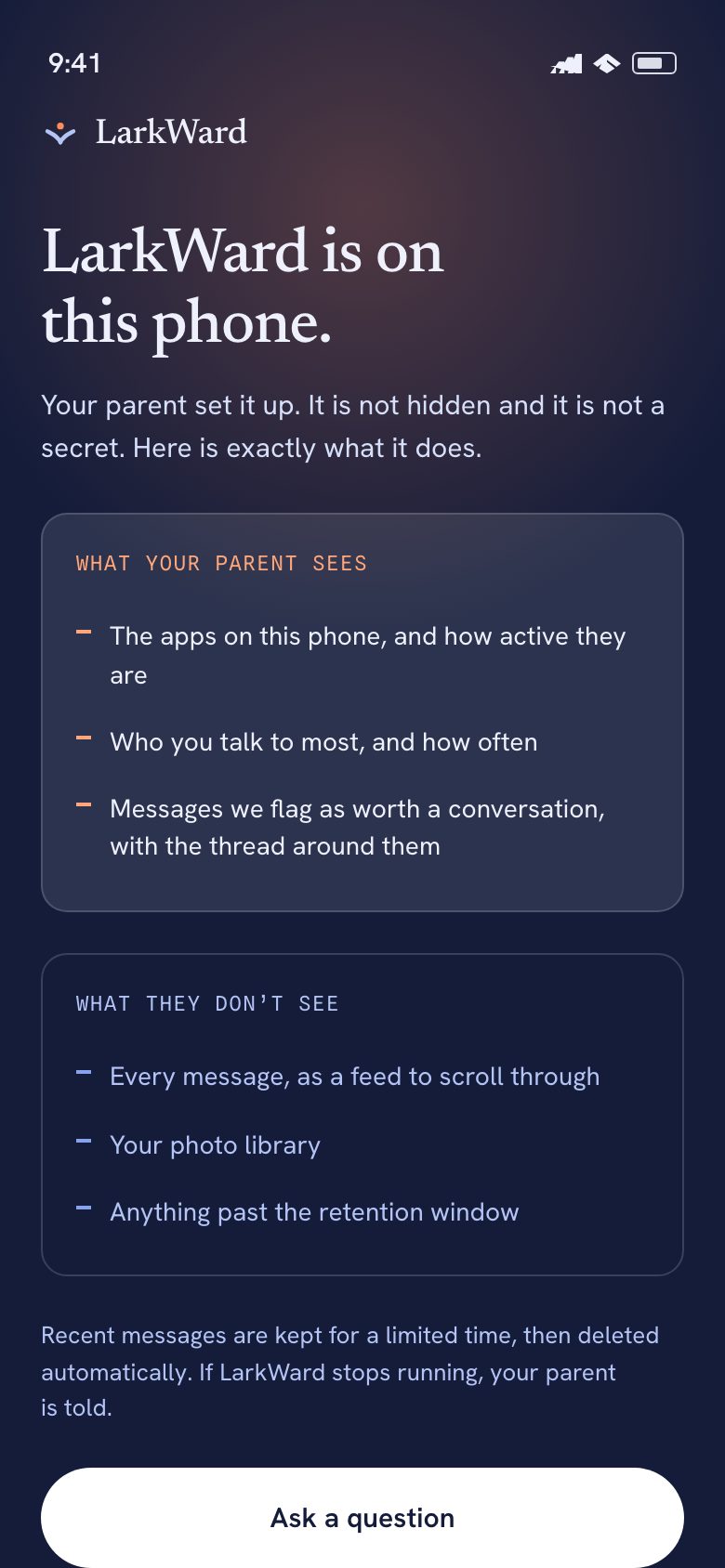 The LarkWard app on a teenager's phone, stating that LarkWard is on, what a parent sees, and what they do not see.